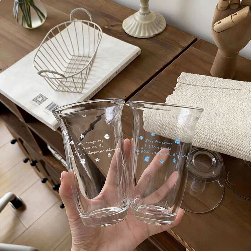 Ins Retro Blue Shell Glass Water Cup Wide Mouth Coffee Cup High Aesthetic Value Drinking Cup Cold Brew Cup Cold Drink Cup