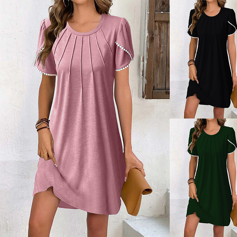 Amazon 2026 European and American Cross-Border Summer New Style Round Neck Lace Tulip Short-Sleeved T-Shirt Casual Dress for Women Amazon 2026 European and American Cross-Border Summer New Style Round Neck Lace Tulip Short-Sleeved T-Shirt Casual Dress for Women