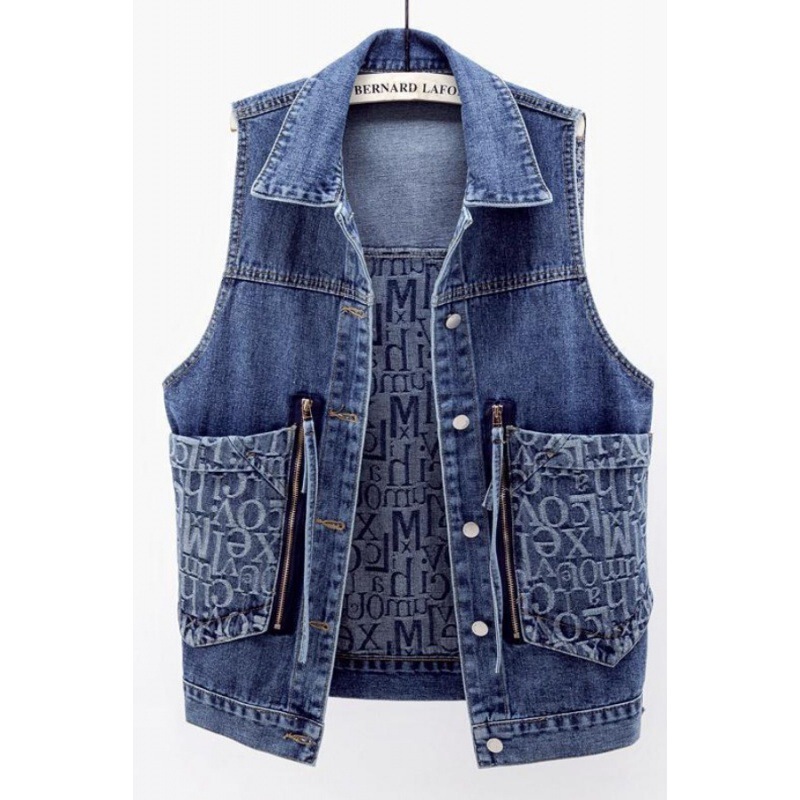 2023Denim Vest Women's Korean-style loose jacquard stitching long sleeveless jacket large pocket top Vest Women's