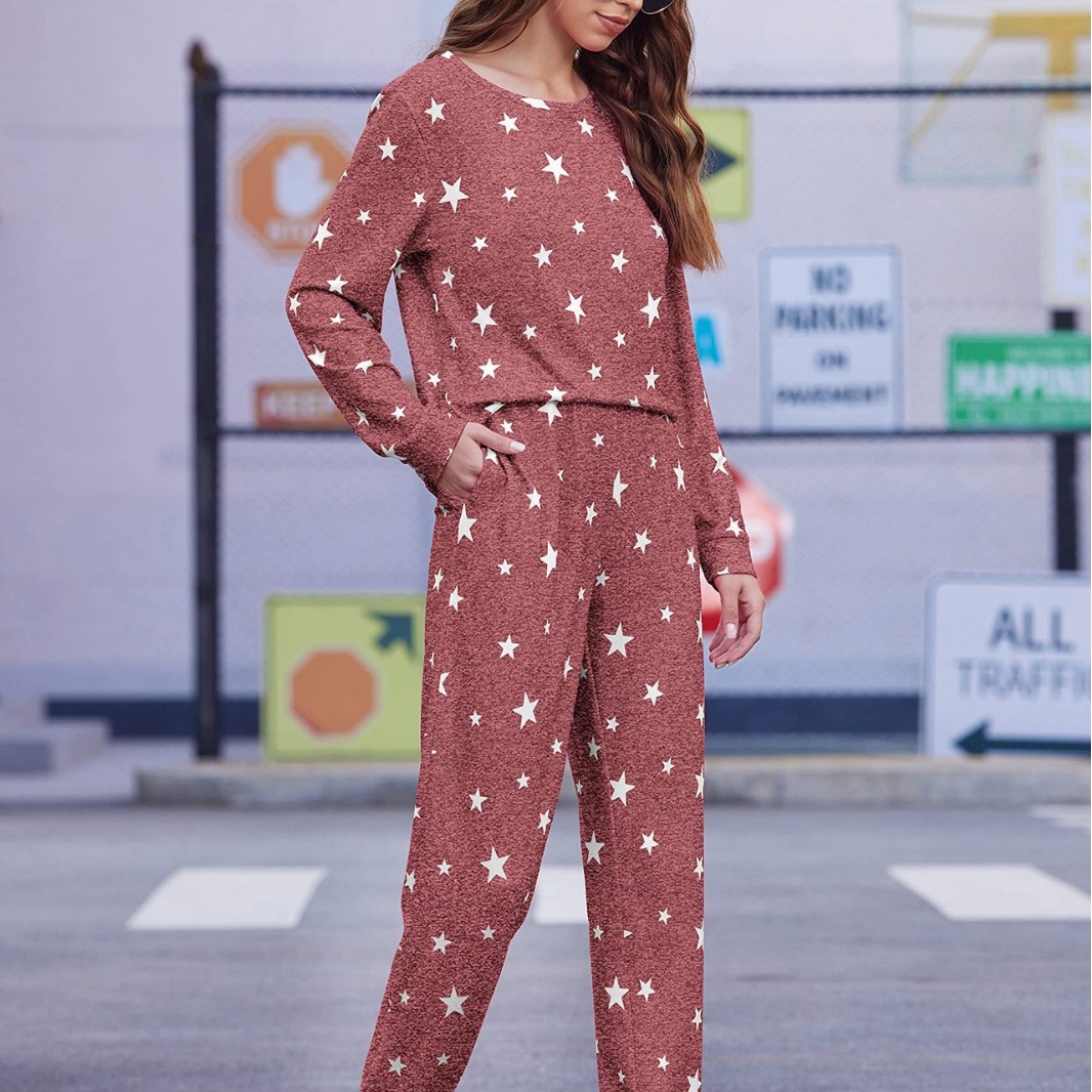 Nuevo traje europeo y americano independiente de Amazon, pantalones de manga larga, ropa para el hogar, estampado de otoño e invierno de dos piezas, venta al por mayor transfronteriza