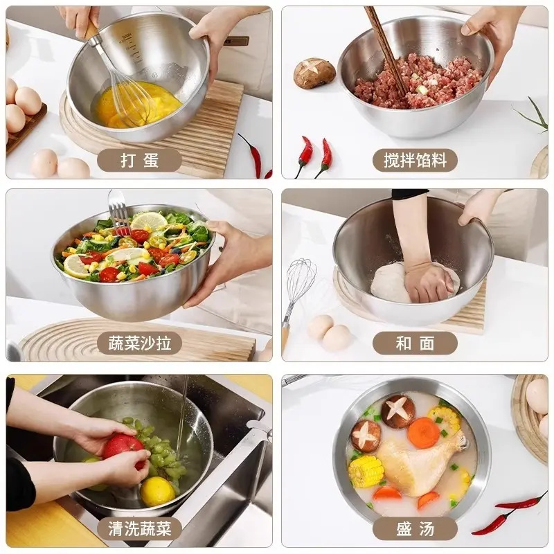 ステンレス製の家庭用野菜洗いボウル、卵泡立てボウル、深めの飛沫防止ベーキングホイップクリームとヌードルサラダミキシングボウル|undefined