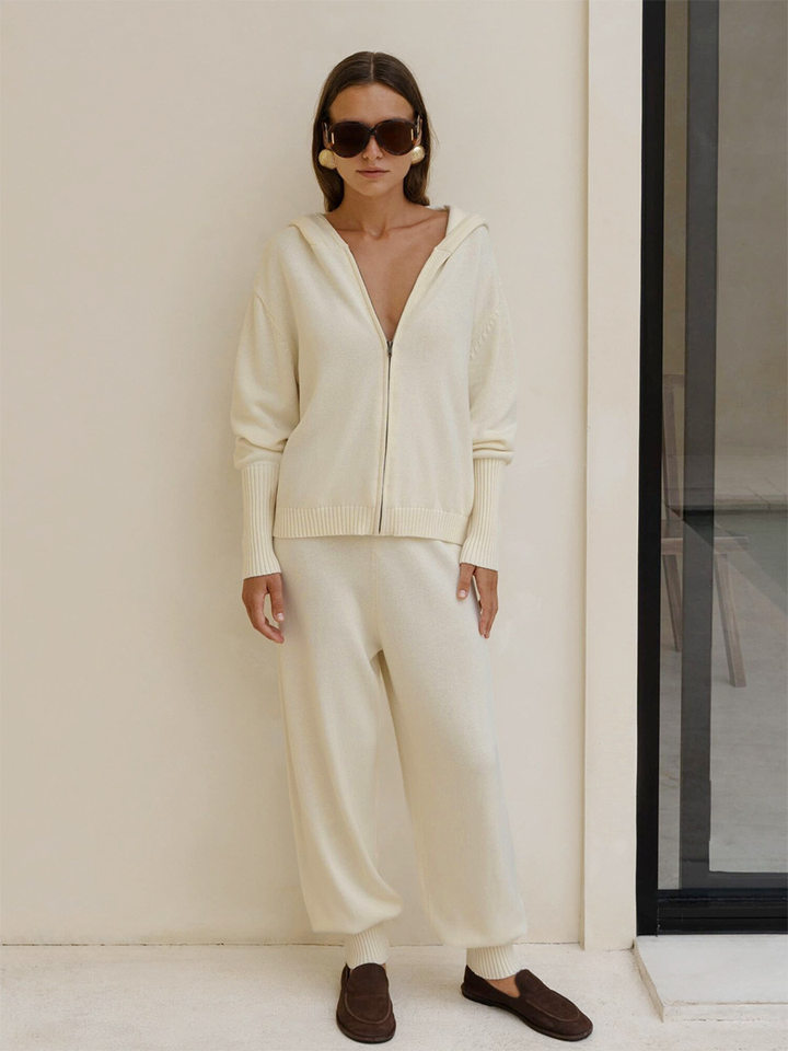 Bộ áo cardigan dệt kim có mũ khóa kéo dáng rộng kèm quần ống ôm cotton — Màu cà phê, Màu trắng, Màu xanh dương, Xanh lá cây chi tiết 41