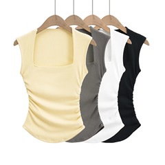 夏日辣妹梯形領無袖背心女新款2024方領露鎖骨修身顯瘦吊帶上衣