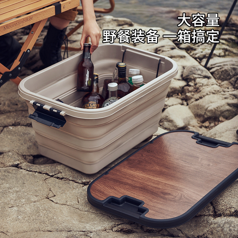 Caja plegable al aire libre Cesta de picnic Caja de almacenamiento Caja de almacenamiento Cubierta de madera engrosada Caja de almacenamiento de coche de camping multifuncional al aire libre