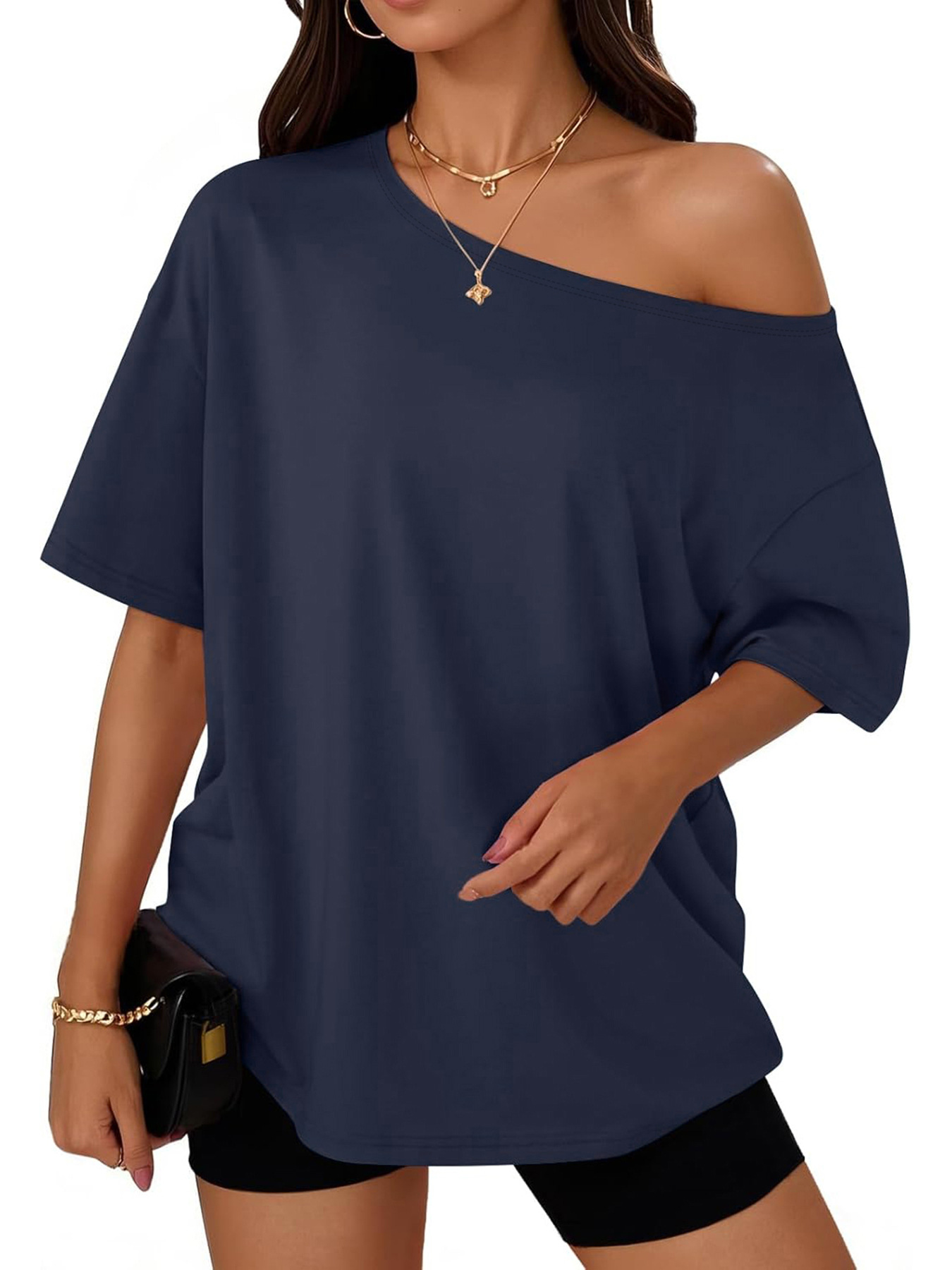 Women's Clothing Women's Y2K Loose Off-Shoulder Top Design Fashion T-Shirt For Formal & Casual For Women Solid Color_ecoleips.com
