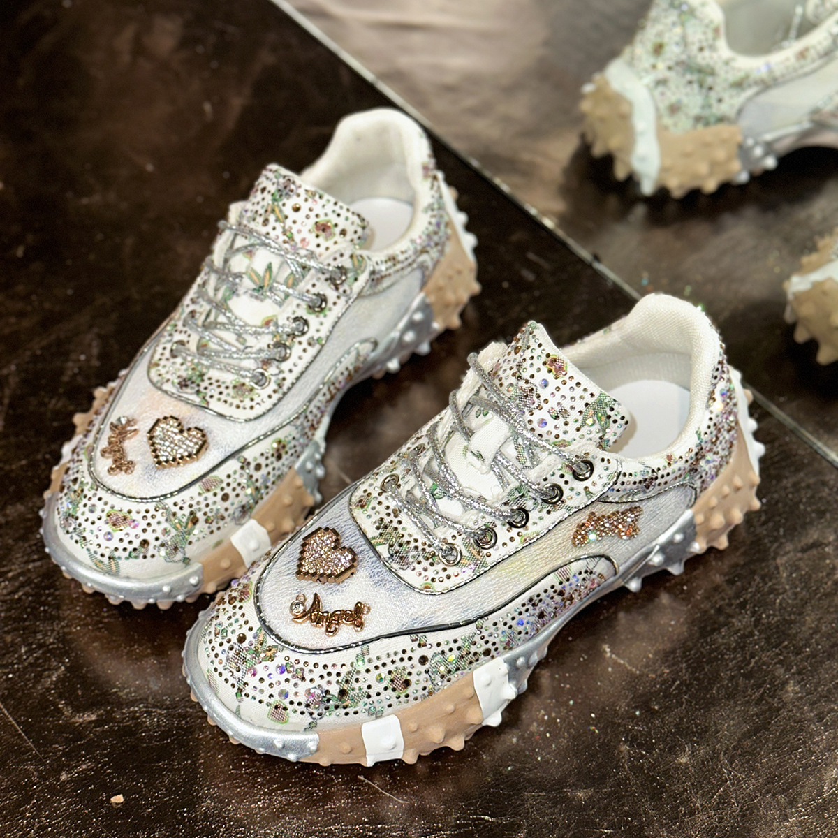 European Style Rhinestone Durian Dad Shoes for Women, Autumn New Trendy Denim High-Top Casual Sneakers for Women