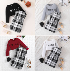 Cross-border 2023 Spring and Autumn Letter Solid Color Top + Checkered Tank Dress Fashion Matchy-matchy Trendy Lady New Arrival
