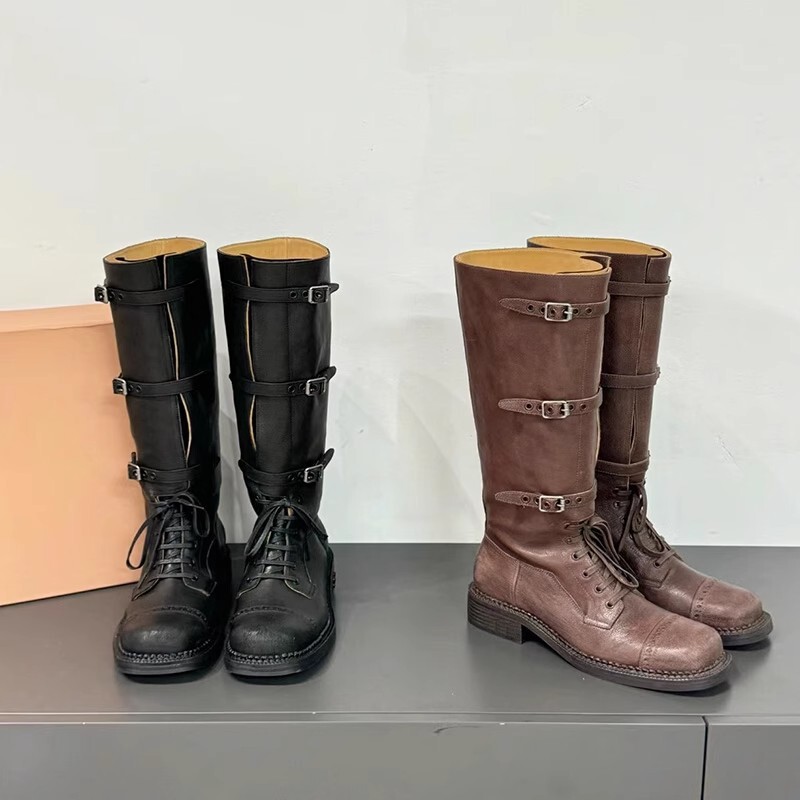 [in Stock] Large Size Retro Long Boots European and American Fashion Boots 2025 New Style Riding Boots with Belt Buckle Long Boots