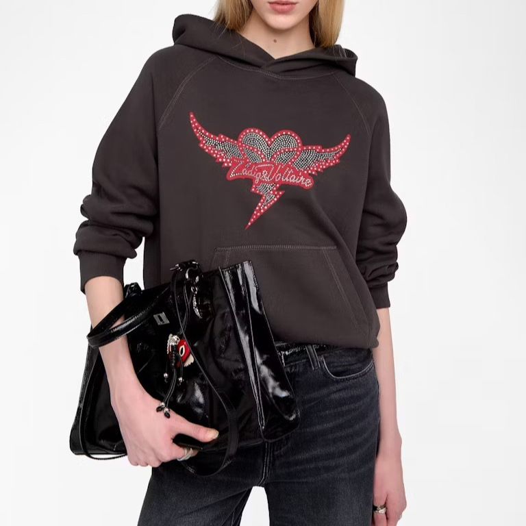 2025 Winter New Stylish Versatile Fleece Sweatshirt European and American Fashion Heart Wings Rhinestone Hooded Sweatshirt