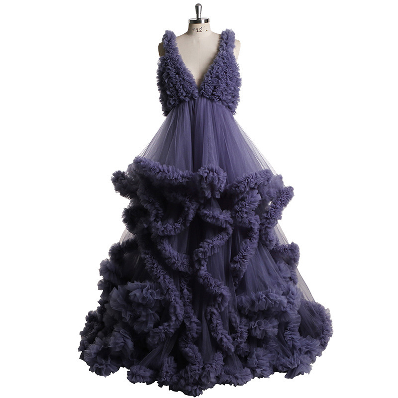 European and American style V-neck, three-dimensional floral mesh long evening gown, multi-layered, voluminous skirt, suitable for evening parties, adult ceremonies, and fashion shows European and American style V-neck, three-dimensional floral mesh long evening gown, multi-layered, voluminous skirt, suitable for evening parties, adult ceremonies, and fashion shows