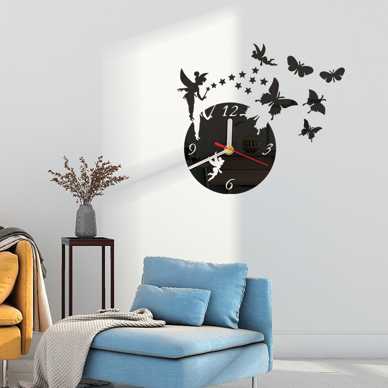 Akrilik Kendin Yap Sessiz Saat Peri Kelebek Ayna Sticker Yaratıcı Duvar Dekorasyonu Saat_voghion.com
