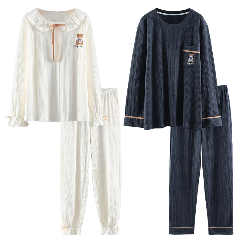 Pareja pijamas de algodón manga larga Otoño e Invierno traje los hombres color sólido flojo ocasional más tamaño vestir prendas exteriores homewear