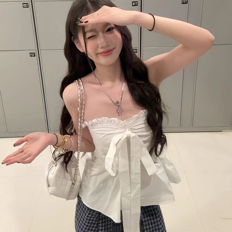 Sweet Style White Bow-Tie Tube Top Women's Summer French Ruffled Chic Waist Slimming Top Sweet Style White Bow-Tie Tube Top Women's Summer French Ruffled Chic Waist Slimming Top