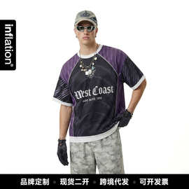 捷展男装|复古哥特数码印球服26春夏新品潮牌撞色拼接透气短袖T恤