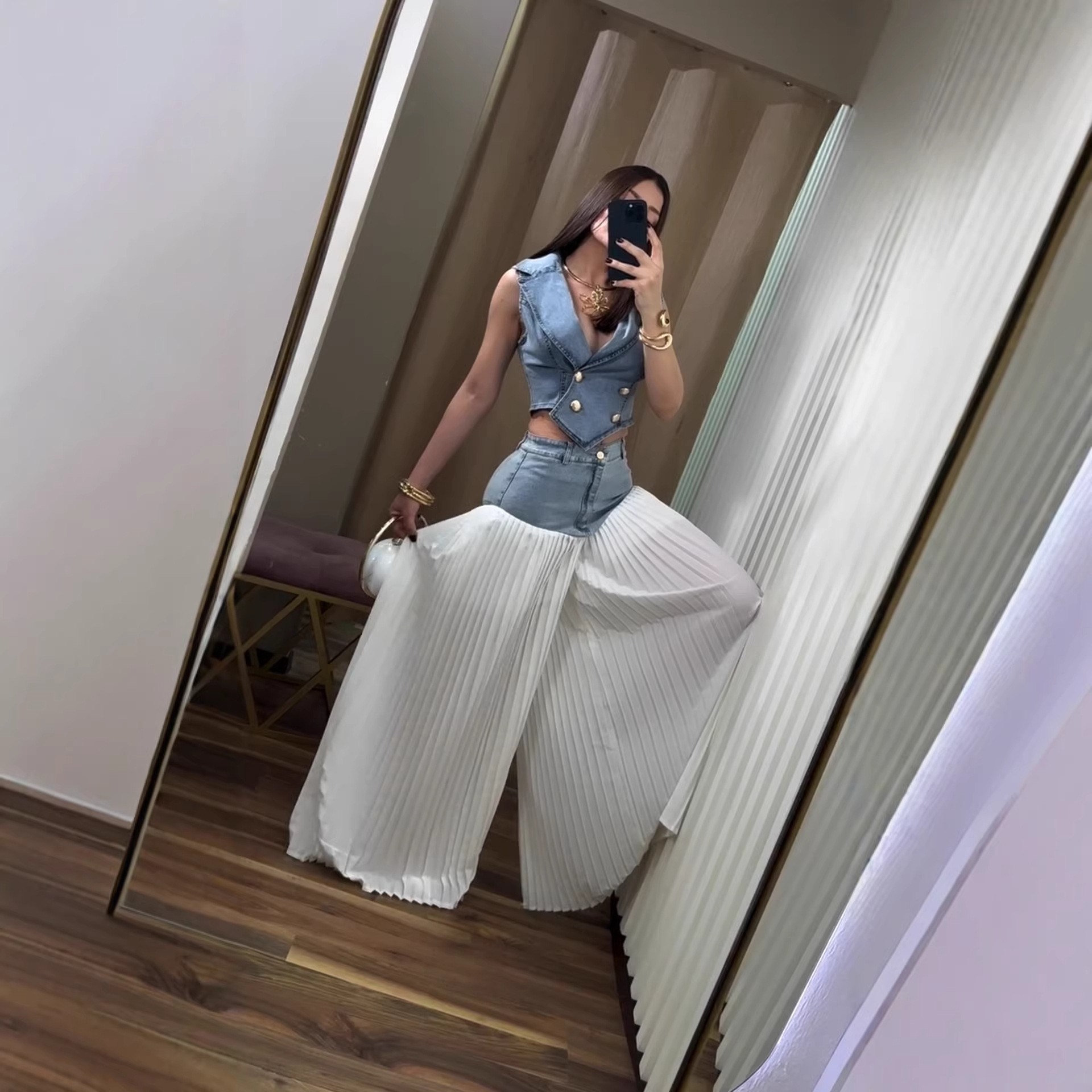 High Waist Denim Skirt Pants With Pleated Detail & Sleeveless Jacket Two-Piece Set, Casual Streetwear Outfit For Women_voghion.com