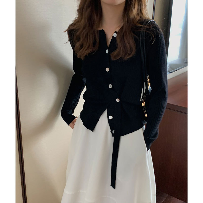 【歌铭】韩系通勤圆领羊毛针织开衫女装2025秋季新款飘带上衣W619|undefined