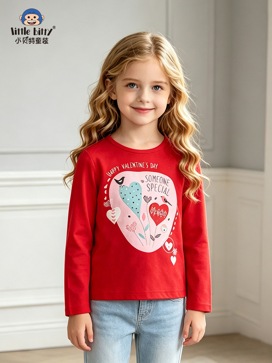 Autumn and winter girls' long-sleeve T-shirt with heart and bird print, red round-neck children's base shirt, 2026 model, in stock