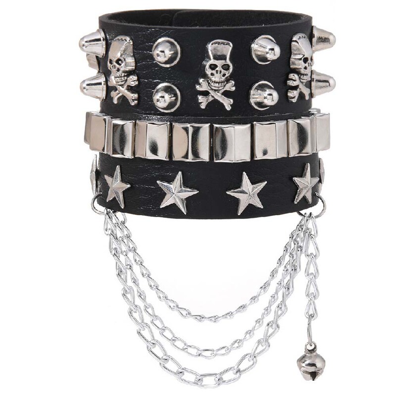 Black Leather Bracelet with Punk Skull and Star Rivet Decoration, Chain Design, Adjustable, Unisex Bracelet