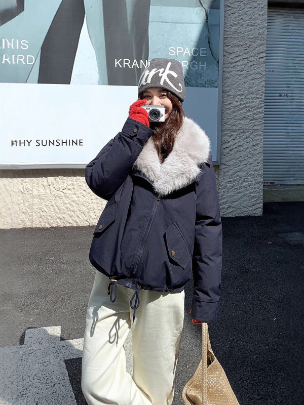 跨境复古翻领毛领外套女2025冬小个子加厚棉衣设计感短款潮棉服|undefined