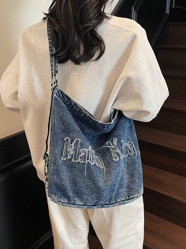Bolsos para mujer 2025 nuevo estilo retro sin bordes lavados letras bordadas denim tote bag bolso de mensajero de viaje de gran capacidad