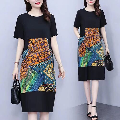 Summer New Fat Women Loose Plus Size Belly Covering Slimming Elegant Youthful Print Splicing Plus Size Dress Women