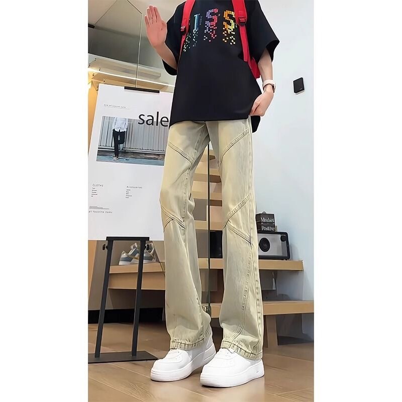 Yellow Mud Jeans Men's Summer Thin American Style Retro Stitching Pants Tall and Slimming Narrow Machete Pants