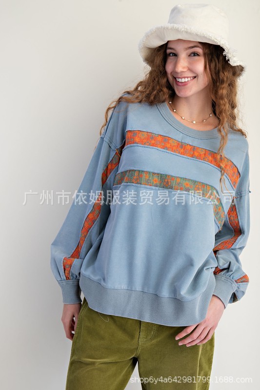 亚马逊25秋季新款跨境欧美女装印花拼接圆领套头卫衣休闲上衣女|undefined