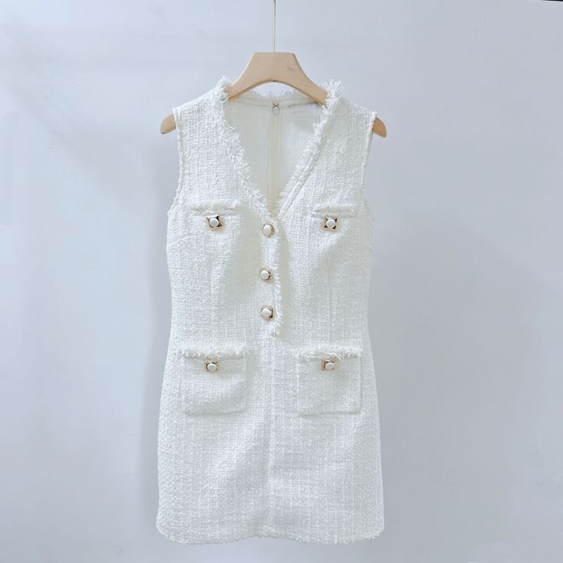 French-Style Chanel-Inspired White Elegant Commuter V-Neck Tweed Dress with Fringed Edges, Simple Sleeveless Short Dress