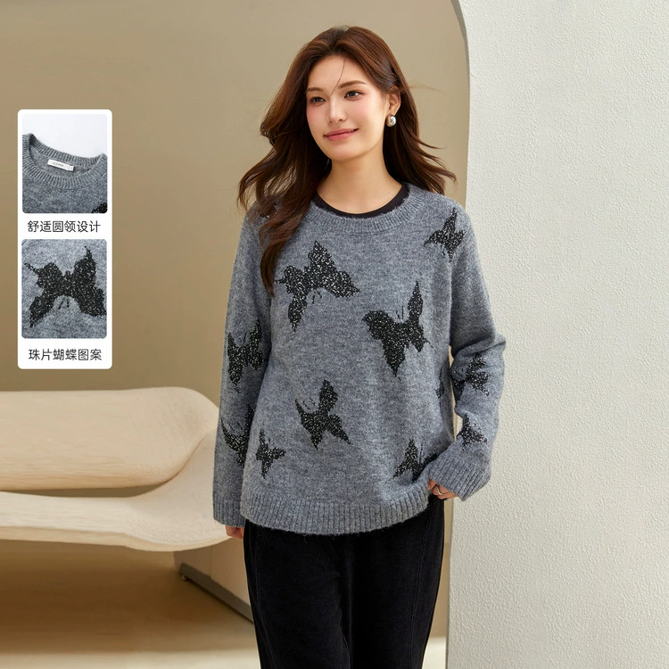 [Ретро бабочка жаккардовый шерстяной мягкий клейкий свитер] Цветное шоу большой размер женский толстый mm2024 зимний новый