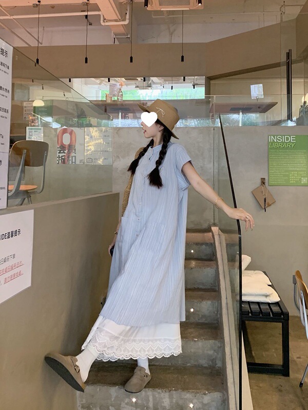 蓝色条纹短袖衬衫连衣裙女夏季2025新款韩系宽松中长款叠穿两件套|undefined