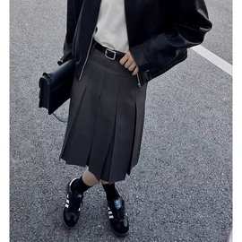 现代混合 设计感两面穿压褶半身裙羊毛百搭西装裙学院百褶中裙新
