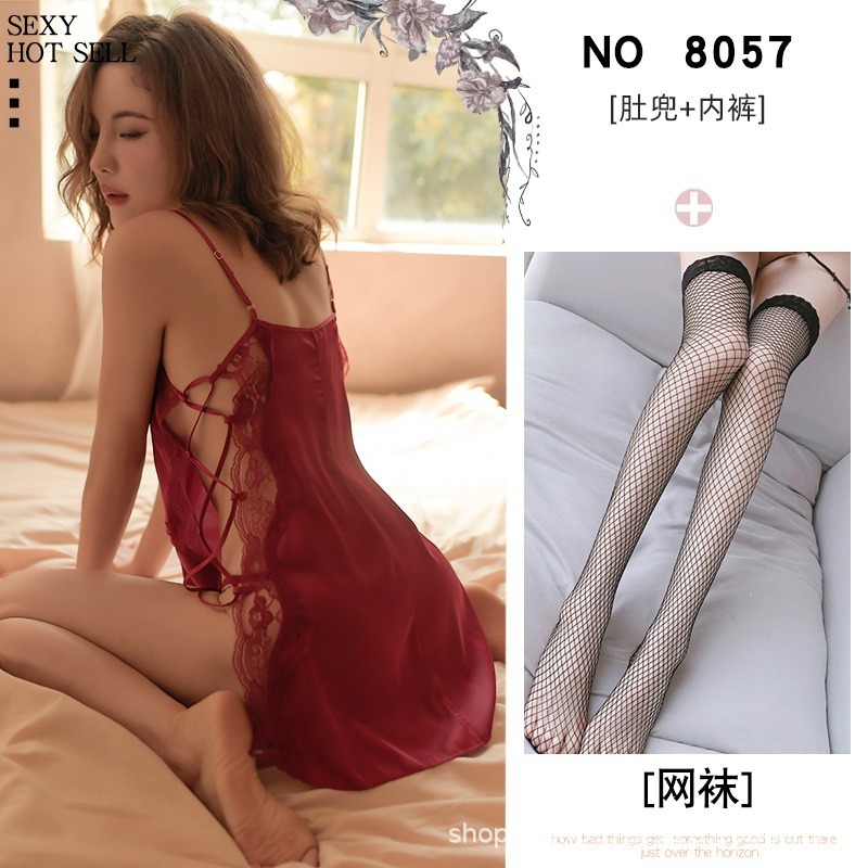 버건디 잠옷 + 블랙 망사 스타킹