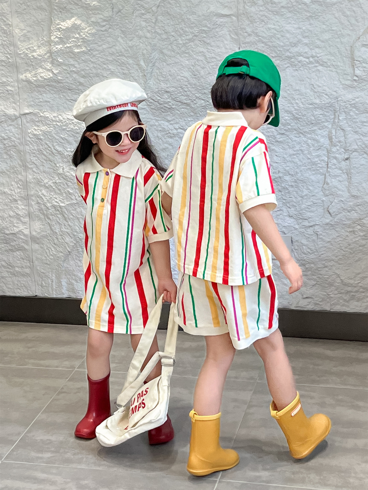 兄妹裝夏款韓版男女童姐弟裝豎條紋polo領連衣裙男童短袖短褲套裝