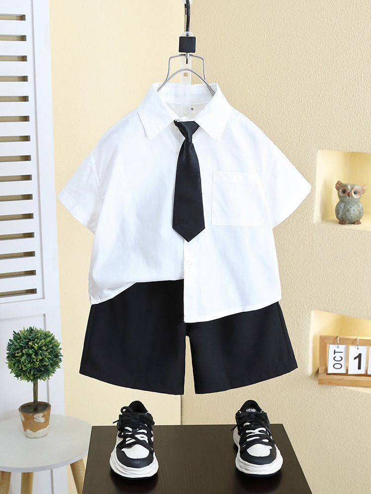 8111 Camisa de manga corta para niños Camisa blanca de dos piezas para niños de jardín de infantes Corbata Estilo universitario Ropa de hermano y hermana Verano