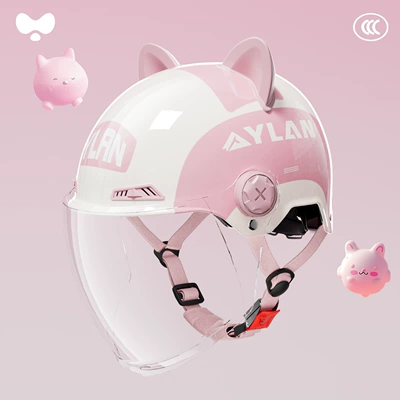 Cute Ears, 3C Certified, Sun Protection, Motosiklet kaskı (dəbilqə) - peach-blossom-pink-cat-ear-hd-long-mirror-3c-new-national-standard-class-a-one-size