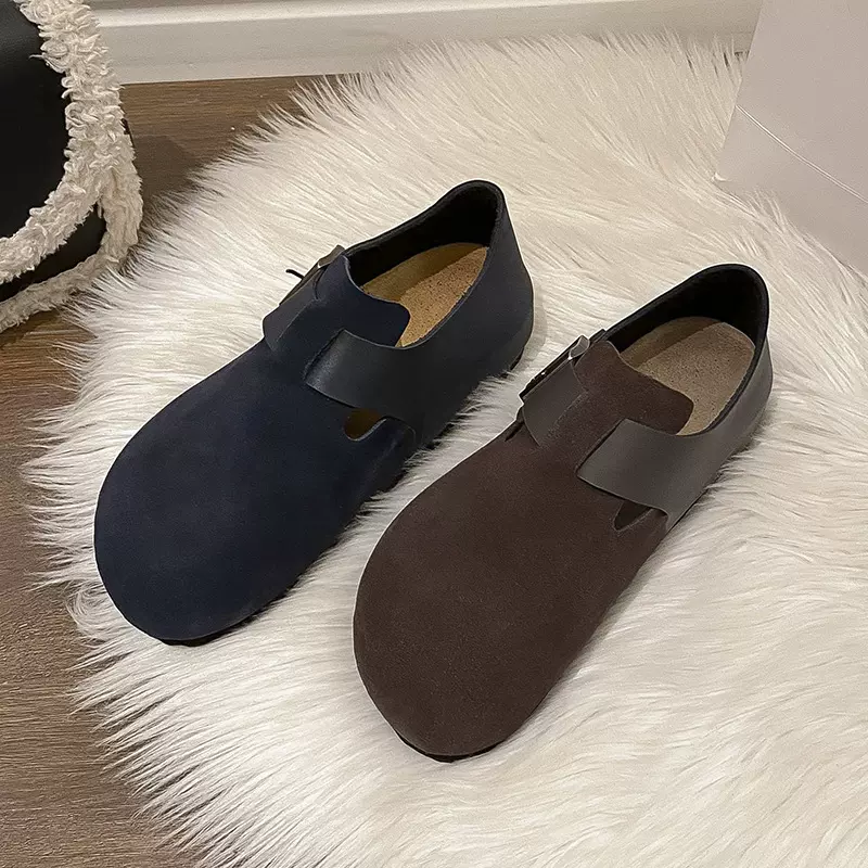 London系列全包软木底勃肯鞋男女同款真皮绒面单鞋软底拼接博肯鞋