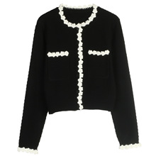 宫廷长袖手勾花针织开衫女式圆领显瘦春秋新款法式优雅短款针织衫