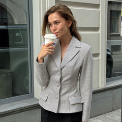 欧美高级感灰色西装外套女2025秋季跨境新款修身收腰长袖休闲西服