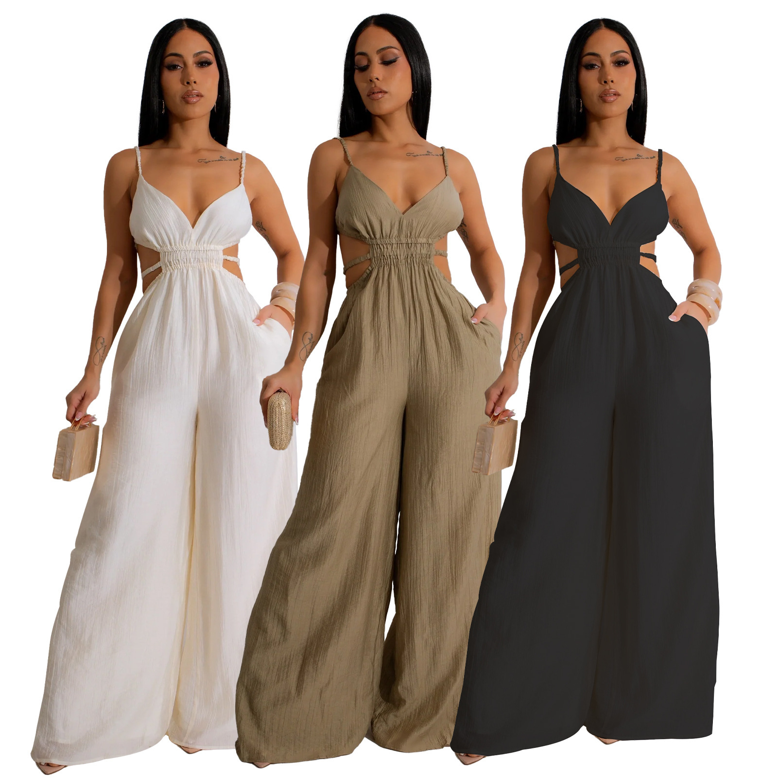 Tz9001 European and American Cross-Border Amazon Pure Color Women's Wide-Leg Jumpsuit Backless Fashion Versatile Elegant