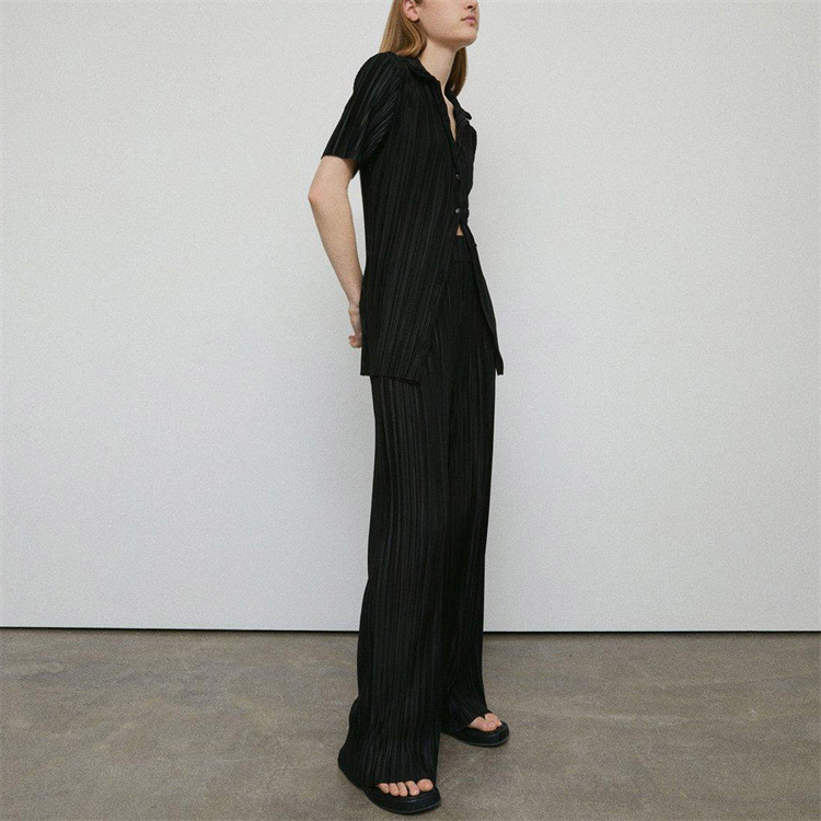 Summer Short Sleeve Loose Pleated Straight Leg Pants Two-Piece Set Sexy Complex Set Collar Sexy Set