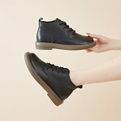 真皮短靴女2022秋冬平底圓頭軟底軟面矮靴復古檫色馬丁靴棉鞋