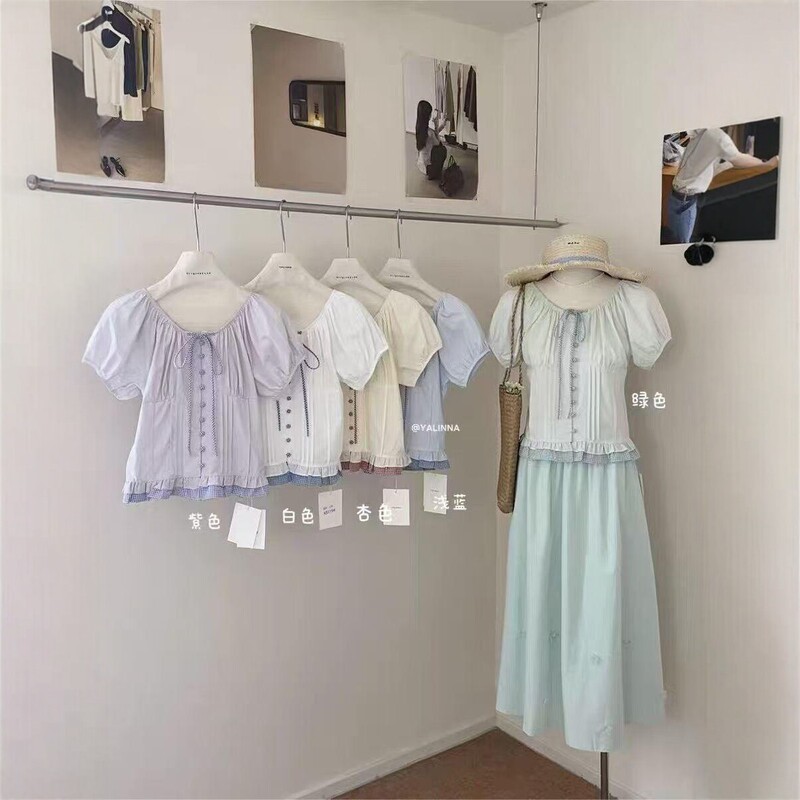Puff Sleeve Tie-Up Short-Sleeve Shirt for Women, Summer Design, Faux Two-Piece Top, Wholesale, Comfortable Casual Cotton-Linen Blend