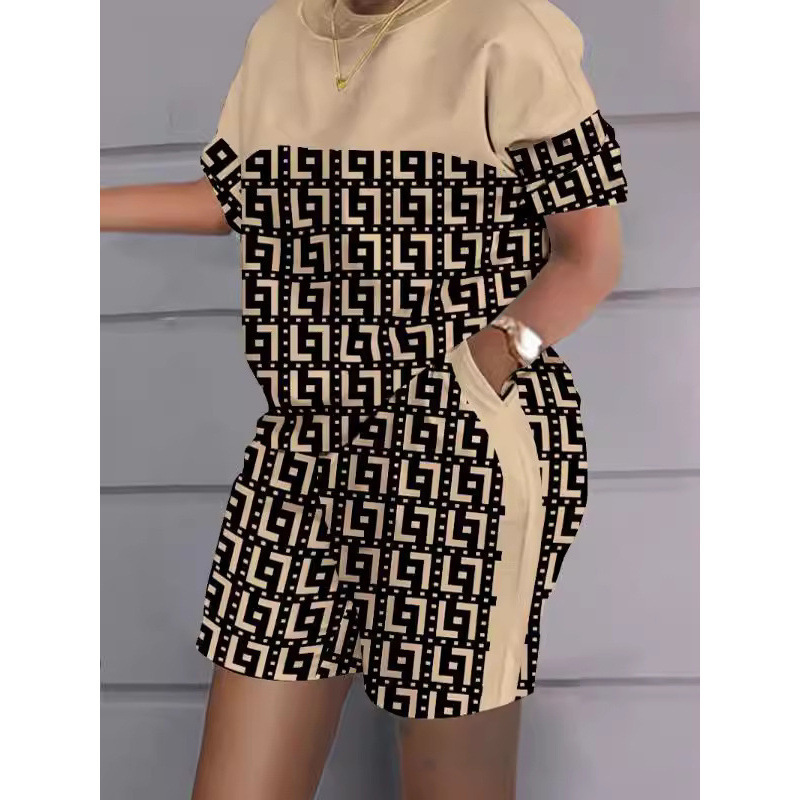 European and American Fashion Spring and Summer Popular Cross-Border Independent Station Amazon Aliexpress Short-Sleeved Two-Piece Printed Commuter Suit