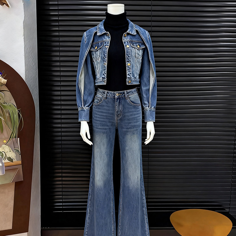 Vintage Washed Faux Two-Piece Shawl Denim Jacket for Women 2026 New American Style Short Casual Versatile Jacket Top
