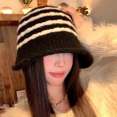 黑色条纹针织毛线渔夫帽女秋冬日系显脸小水桶帽时尚大头围盆帽子