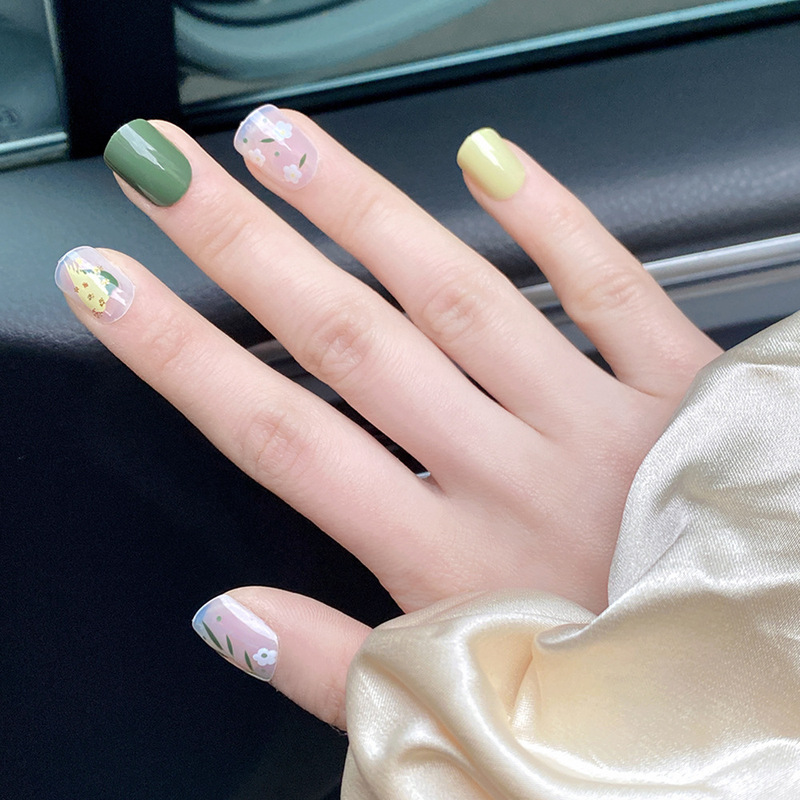Fresh Forest Style Artistic Wearable Nails, Flower and Leaf Decorations, Simple and Cute Manicure, Natural Atmosphere, Fashionable Nail Patches
