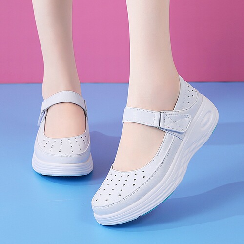 Spring and summer nurse shoes women's soft sole hollow breathable magic buckle straps genuine leather hospital work white shoes wholesale