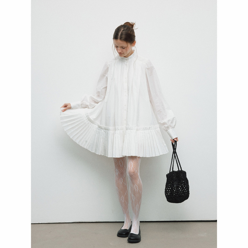 [Delihe] Spring New Casual Half-High Collar, Translucent, Simple Pleated Mid-Length Cardigan Dress H8430