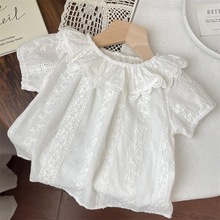 女童夏装衬衫宝宝洋气儿童个性潮甜美韩版提花白色花边娃娃领衬衣