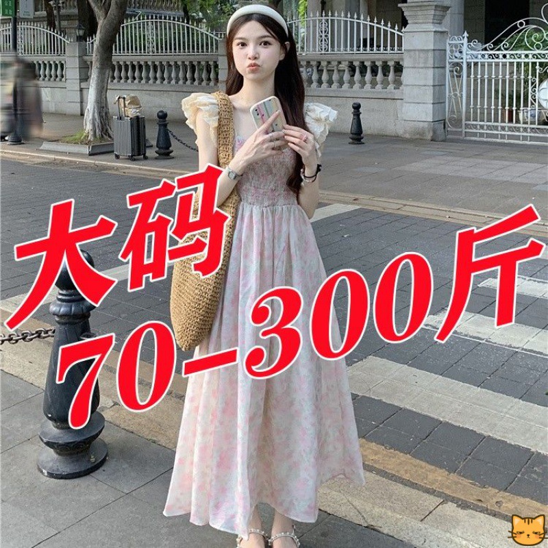 大码胖MM甜美风气质小飞袖连衣裙2023夏季韩版超仙收腰显瘦碎花裙